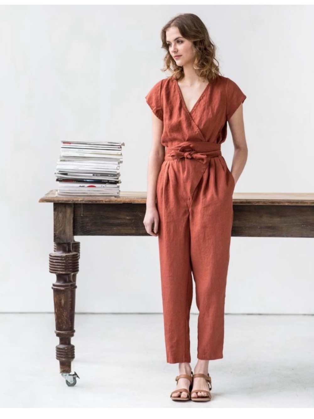 notPERFECTLINEN Rust Tie-Waist Linen Jumpsuit